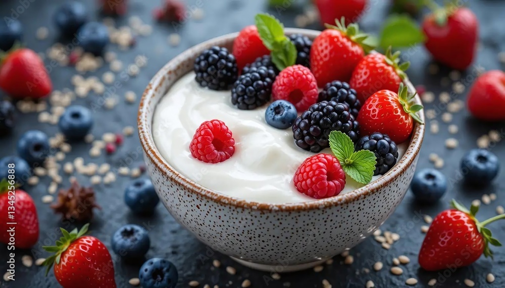 A bowl of yogurt topped with fresh berries including strawberries raspberries and blackberries and blueberries A bowl of yogurt topped with fresh berries including strawberries raspberries and blackberries and blueberries