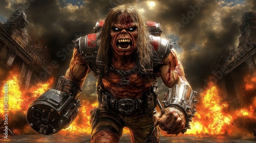 Fierce warrior figure in battle, amidst flames and destruction