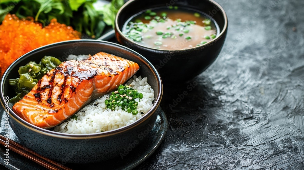 A vibrant dish featuring grilled salmon served over rice, accompanied by miso soup and garnished with green onions and salmon roe. A vibrant dish featuring grilled salmon served over rice, accompanied by miso soup and garnished with green onions and salmon roe.