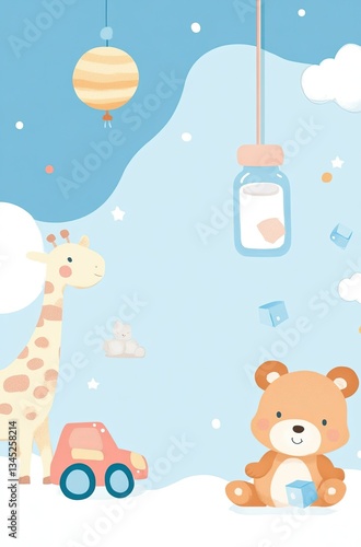 Cute blue background with baby toys and elements for an invitation card