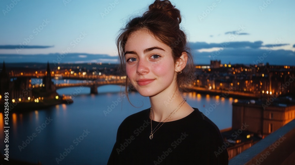 Fototapeta premium Young woman standing in front of a cityscape at dusk with a river and bridge