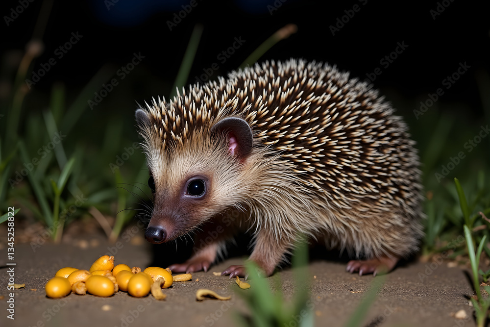 Hedgehog Sniffing Around for Food Under the Night Sky Hedgehog Sniffing Around for Food Under the Night Sky