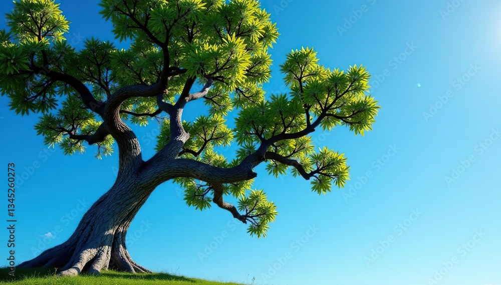 Tree with gnarled branches against a bright blue sky, tree, sunlight Tree with gnarled branches against a bright blue sky, tree, sunlight