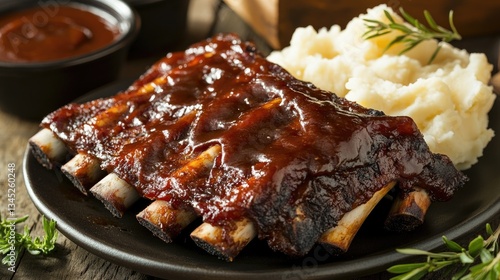 A plate of barbecue beef ribs served with a side of mashed potatoes.