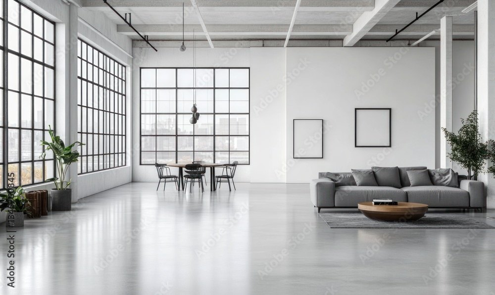 Modern loft interior with large windows, dining and seating area Modern loft interior with large windows, dining and seating area