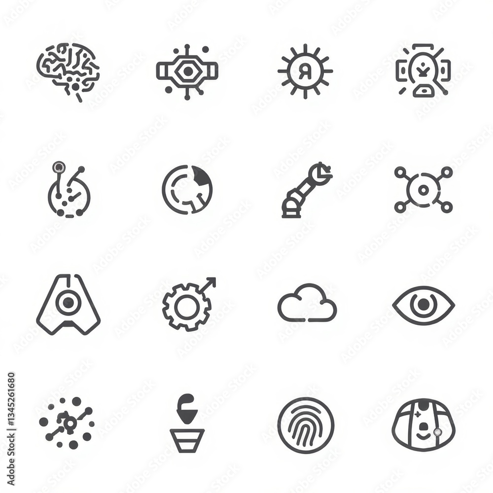 AI and Robotics Icons Set: Brain, Robot Eye, Solar Tech, Robotic Arm, Cloud, Fingerprint, and More - Tech Innovations Vector Pack AI and Robotics Icons Set: Brain, Robot Eye, Solar Tech, Robotic Arm, Cloud, Fingerprint, and More - Tech Innovations Vector Pack