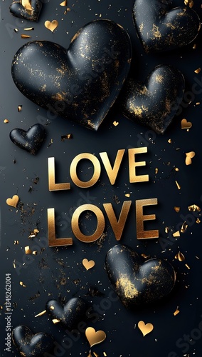 Modern wallpaper with abstract dark gray hearts and golden accents, featuring the word 