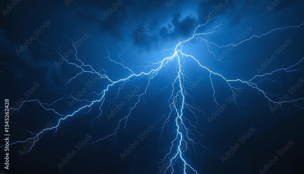 A dramatic display of lightning strikes illuminating the dark sky during a powerful thunderstorm event A dramatic display of lightning strikes illuminating the dark sky during a powerful thunderstorm event