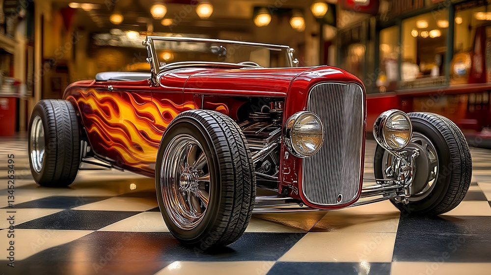 A powerful custom hot rod with detailed flame designs, sitting inside a vintage-style garage with old-school charm.
A powerful custom hot rod with detailed flame designs, sitting inside a vintage-style garage with old-school charm.