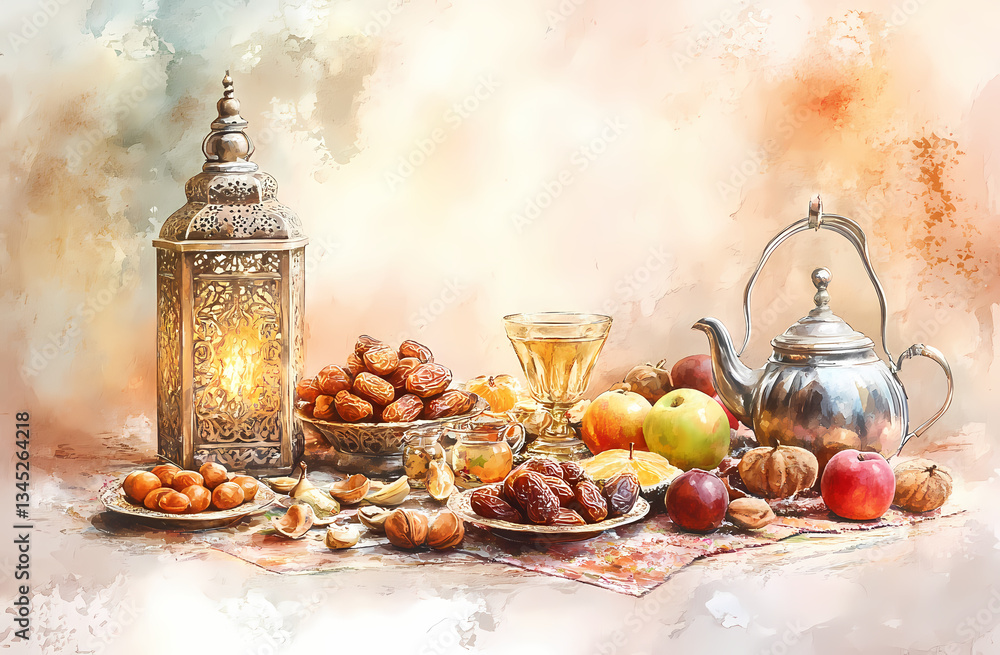 Ramadan Feast: An inviting array of traditional dates, tea, and fruits arranged with an ornate lantern, symbolizing the spirit of Ramadan with an artistic touch. Ramadan Feast: An inviting array of traditional dates, tea, and fruits arranged with an ornate lantern, symbolizing the spirit of Ramadan with an artistic touch.