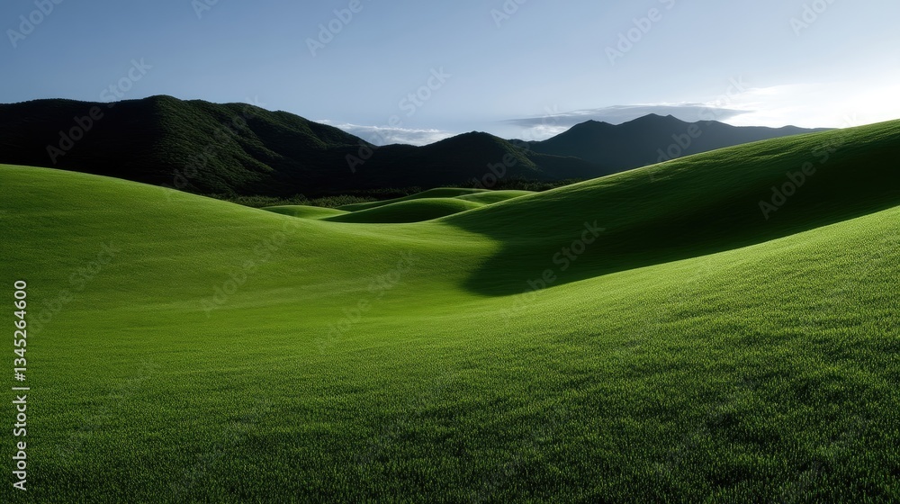 Lush, rolling hills of vibrant green grass under a clear sky. Gentle slopes meet distant mountains, bathed in soft sunlight Lush, rolling hills of vibrant green grass under a clear sky. Gentle slopes meet distant mountains, bathed in soft sunlight