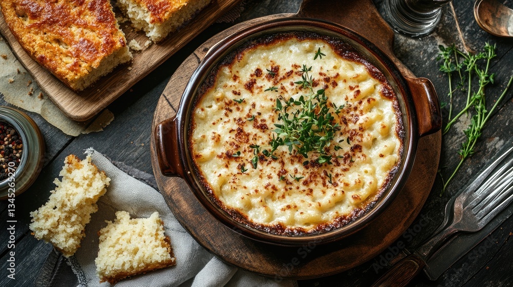 A rustic table setting with a bowl of mac and cheese and a side of cornbread. A rustic table setting with a bowl of mac and cheese and a side of cornbread.