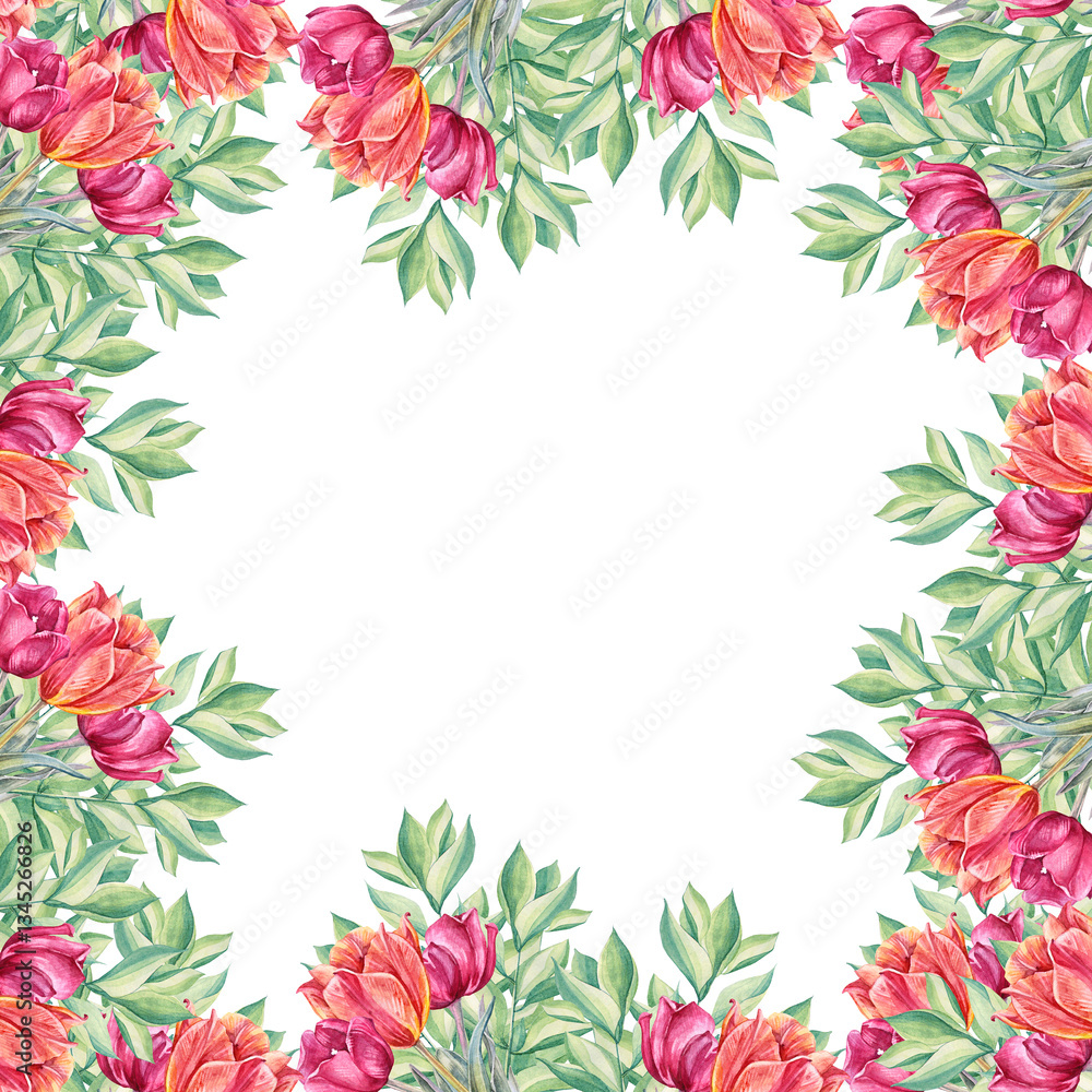 Obraz premium Watercolor square frame with copy space lush bouquet with red orange yellow tulip and succulent leaves on white background. Hand-drawn spring flower for celebration march 8. Art for wallpaper or card