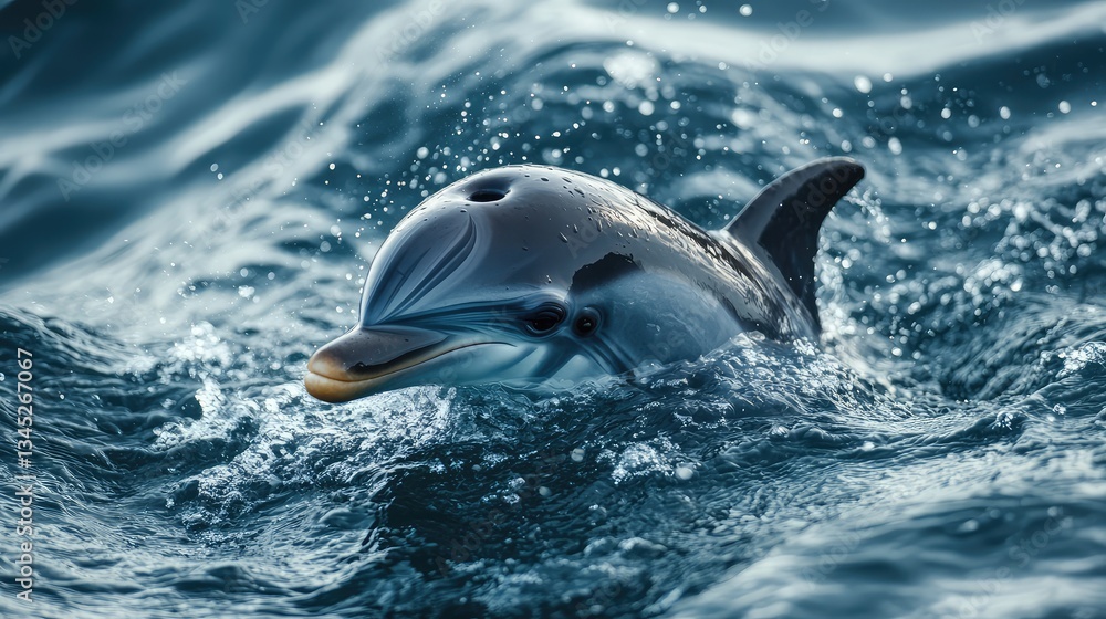 Obraz premium A baby dolphin surfacing to take a breath, with waves rippling around it and plenty of space for copy.
