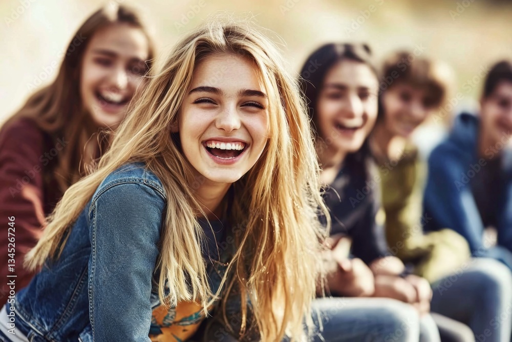 Obraz premium Trendy individuals laughing and chatting together in a relaxed setting.