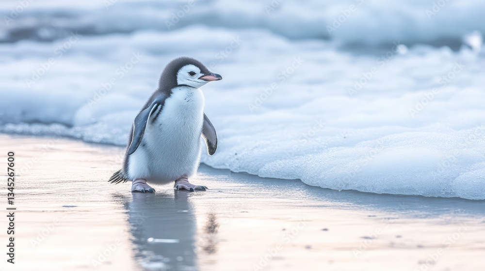 Obraz premium A baby penguin waddling along an icy shoreline, with soft snow and ice around it, creating space for text.
