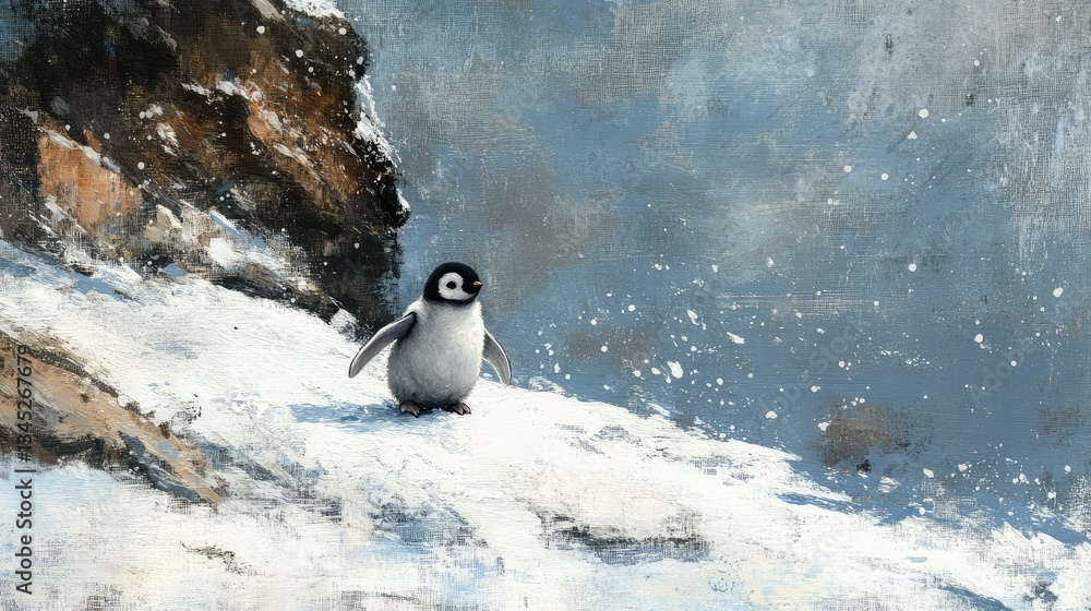 Fototapeta premium A baby penguin waddling on an icy shore, surrounded by soft snow with plenty of space for copy in the background.