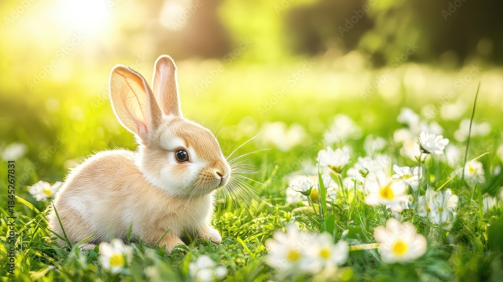 A baby rabbit exploring the meadow, surrounded by soft grasses and blooming flowers, with open space for text. A baby rabbit exploring the meadow, surrounded by soft grasses and blooming flowers, with open space for text.