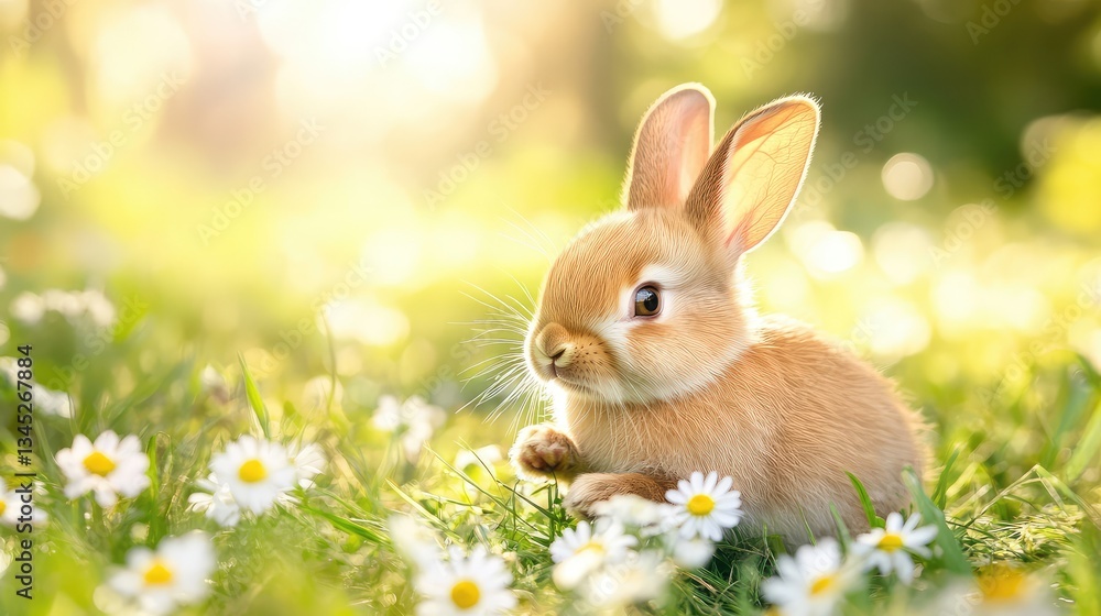 Fototapeta premium A baby rabbit hopping through tall grass, surrounded by daisies and soft sunlight, with plenty of room for text.