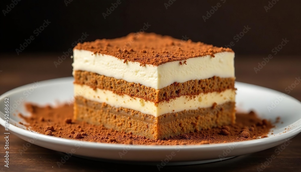 Individual tiramisu portion, dusted with cocoa, showing texture and layers , texture, creamy, appetizing food Individual tiramisu portion, dusted with cocoa, showing texture and layers , texture, creamy, appetizing food