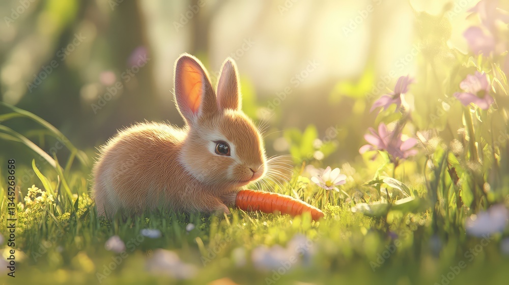 A fluffy bunny rabbit nibbling on a fresh carrot, surrounded by a few flowers in a natural garden setting, perfect for copy space. A fluffy bunny rabbit nibbling on a fresh carrot, surrounded by a few flowers in a natural garden setting, perfect for copy space.