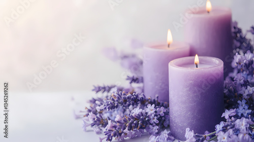 Calm Ambiance: Three lit lavender candles with a floral embrace, creating a serene and relaxing atmosphere. Capturing the gentle dance of candlelight and the soothing essence of lavender.