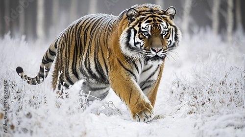 Mighty Siberian tiger stalking through the frost covered forest its powerful muscles tensed for the hunt photo