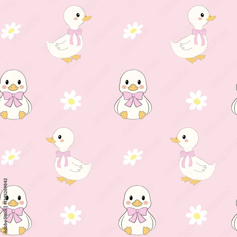 Seamless cute white duck pattern with pink bows and daisies, Coquette Girly on pastel pink background Seamless cute white duck pattern with pink bows and daisies, Coquette Girly on pastel pink background