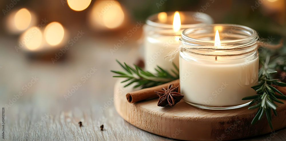 Warmth in the Glow: Close-up of two lit candles in glass jars, cinnamon stick and rosemary sprigs. Soft focus, capturing the cozy ambiance and the flickering candlelight. Warmth in the Glow: Close-up of two lit candles in glass jars, cinnamon stick and rosemary sprigs. Soft focus, capturing the cozy ambiance and the flickering candlelight.