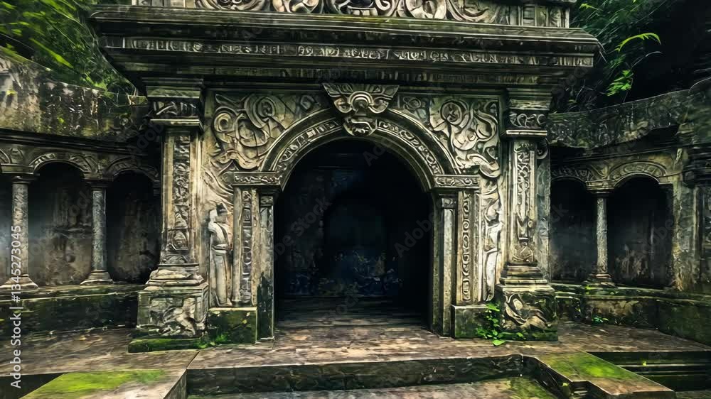 ancient stone structure with intricate carvings, surrounded by lush greenery, sharp and detailed textures, soft lighting, historical and artistic atmosphere ancient stone structure with intricate carvings, surrounded by lush greenery, sharp and detailed textures, soft lighting, historical and artistic atmosphere