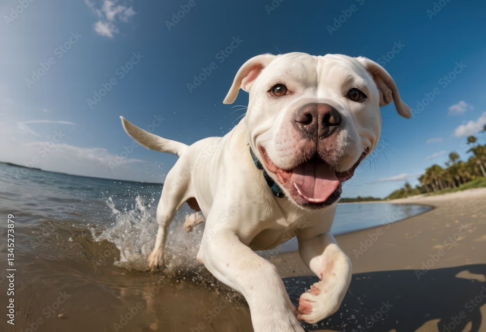 Obraz premium american bulldog running happy on the sand of a beach, in a beautiful hot summer day, happy dog playing with water of the ocean on the coast, doggy in the nature