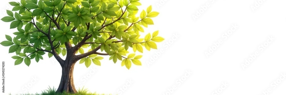 Fototapeta premium Isolated tree on white background with sunlight filtering through leaves, calmness, branches, foliage