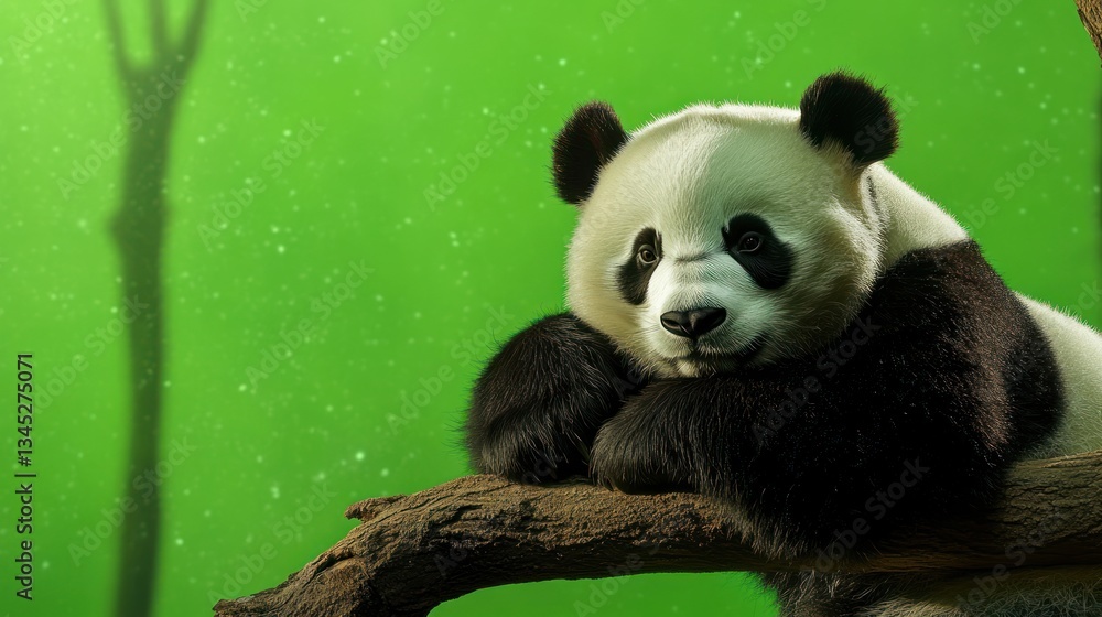 Fototapeta premium Peaceful panda resting on a tree branch with a tranquil, green backdrop