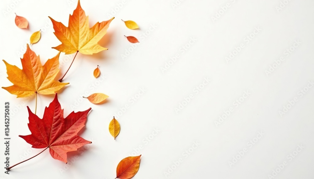 Delicate leaves scattered on a pure white surface, autumnal, simple Delicate leaves scattered on a pure white surface, autumnal, simple