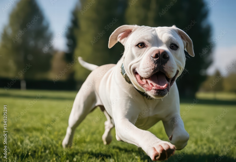 american bulldog running on a green meadown, happy dog playing on the raw nature, in a beautiful summer day, doggy in the natural ambient american bulldog running on a green meadown, happy dog playing on the raw nature, in a beautiful summer day, doggy in the natural ambient