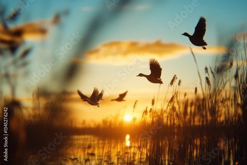 Fototapeta Naklejka Na Ścianę i Meble -  Silhouetted ducks flying over a golden sunset landscape.