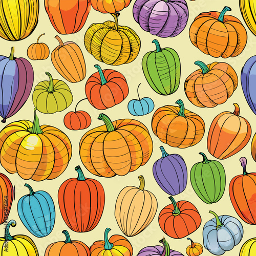 Seamless Pattern of Hand-Drawn Colored Pumpkins for Fall Festivities