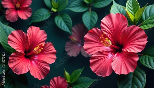 Wallpaper Mural Bold hibiscus blooms in vibrant hues, tropical leaves, and intricate details , red, bloom Torontodigital.ca