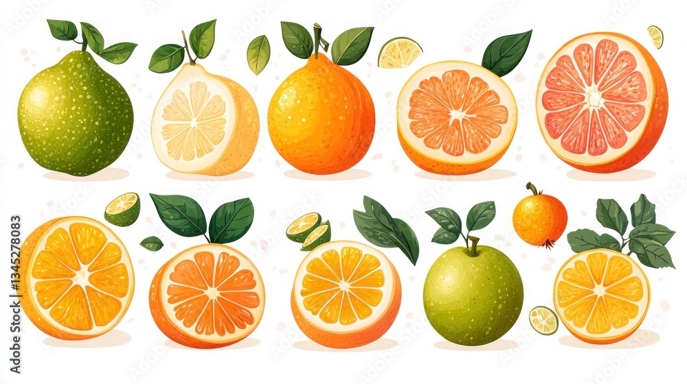 Obraz premium Fresh citrus fruits, various cuts and whole fruits