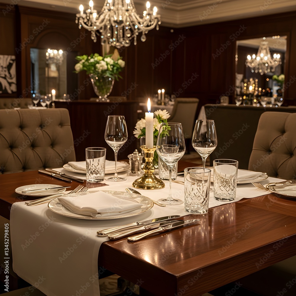 Luxurious fine dining table with candlelight, wine glasses, silverware, white tablecloth, and elegant decor.