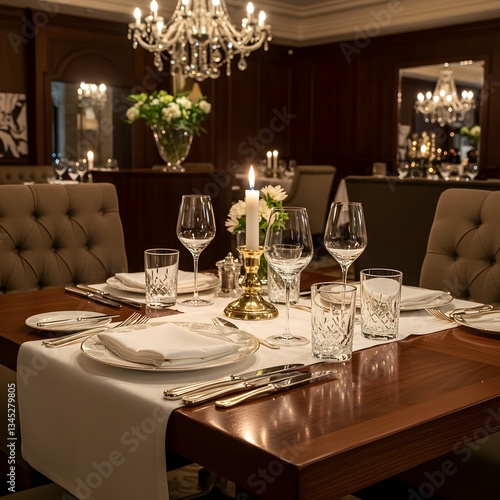 Obraz na płótnie Luxurious fine dining table with candlelight, wine glasses, silverware, white tablecloth, and elegant decor. w salonie