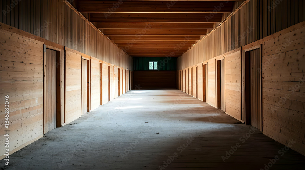 Long Wooden Hallway With Multiple Closed Doors and a Distant Window Showcasing Architectural Symmetry and Dim Lighting Long Wooden Hallway With Multiple Closed Doors and a Distant Window Showcasing Architectural Symmetry and Dim Lighting