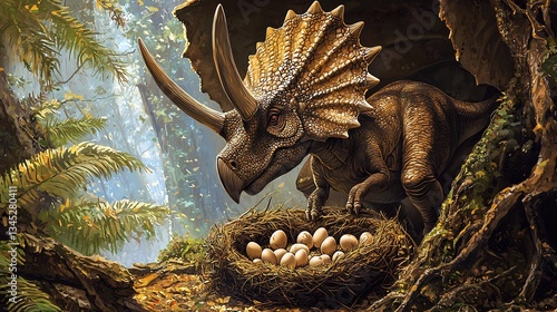Fototapeta Naklejka Na Ścianę i Meble -  Mother Triceratops guarding her nest baby dinosaurs hatching from their eggs