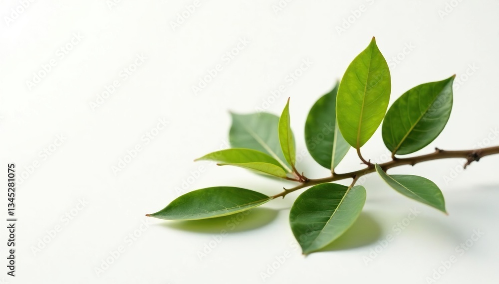 Fototapeta premium Single branch with leaves isolated on white background, artistic composition, decorative item, white space