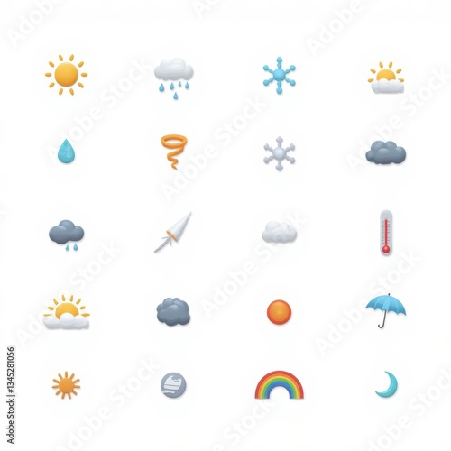 Weather Icon Set: Forecast Symbols for UI Design & Meteorology. Sunny, Cloudy, Rainy, Snowy, Windy, Temperature. Web, App, Print, Vector