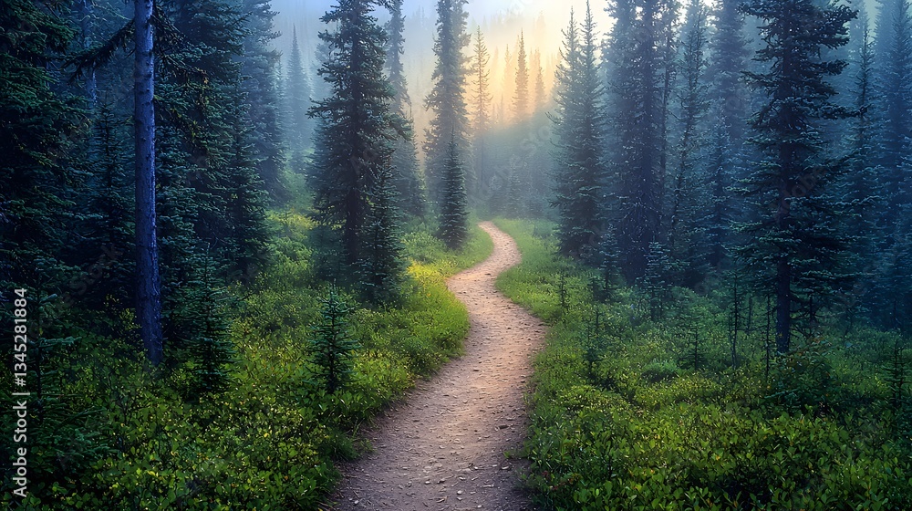 Fototapeta premium Winding path through misty forest nature scene tranquil environment scenic viewpoint peaceful concept