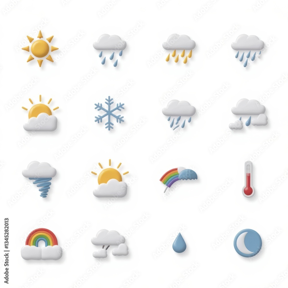 Weather Icons Set: Sunny, Rainy, Snowy, Cloudy, Rainbow. Forecast Elements for Web, App, Print Weather Icons Set: Sunny, Rainy, Snowy, Cloudy, Rainbow. Forecast Elements for Web, App, Print