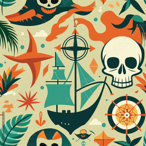 Sketchy Pirate Ship and Skull with Banner Outline