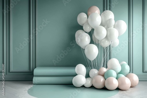 White balloons add a playful touch to the decor in this scene.