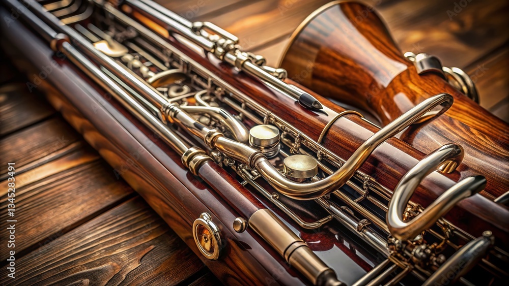 Naklejka premium Close-up Contrabassoon Keys & Body: Detailed Musical Instrument Stock Photo